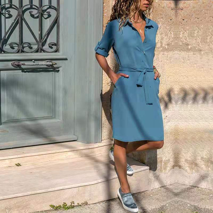 Damen Hemdkleid mit taillierbarem Bindegürtel und praktischen Taschen