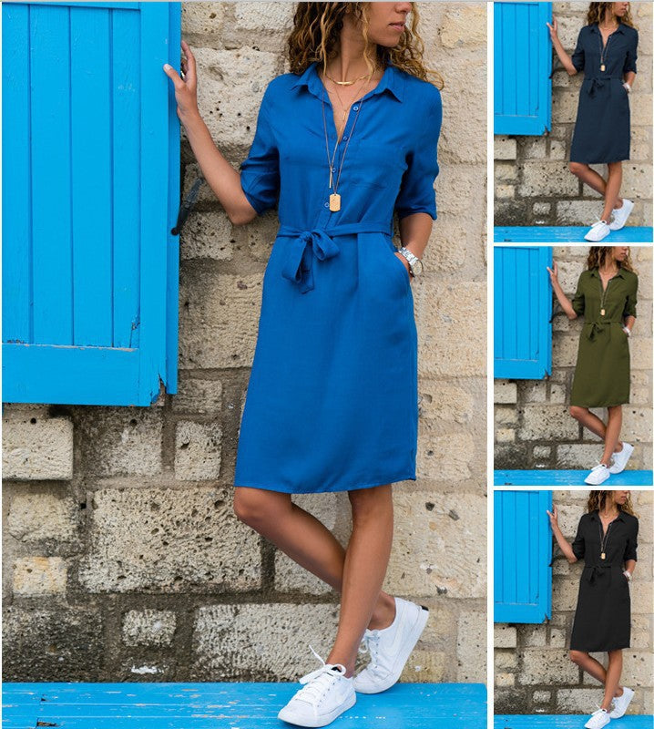 Damen Hemdkleid mit taillierbarem Bindegürtel und praktischen Taschen