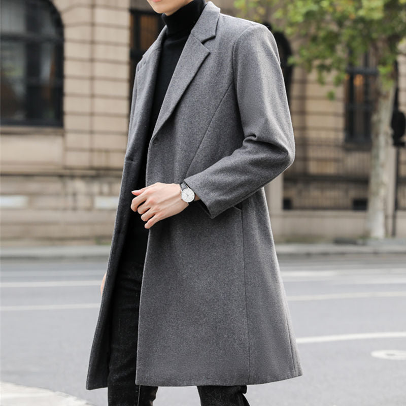 Herren Langer eleganter Einreihiger Wollmix-Mantel mit klassischem Revers Nord Taschen