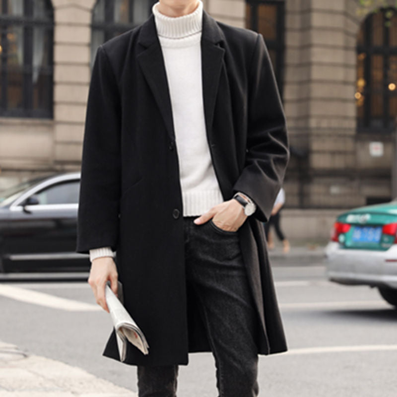 Herren Langer eleganter Einreihiger Wollmix-Mantel mit klassischem Revers Nord Taschen
