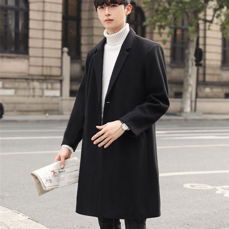 Herren Langer eleganter Einreihiger Wollmix-Mantel mit klassischem Revers Nord Taschen