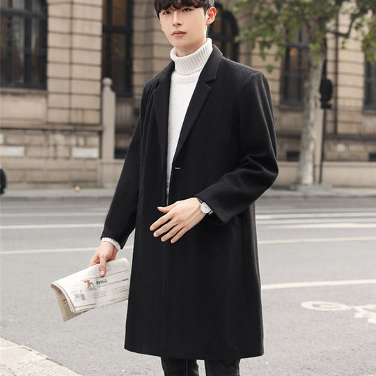 Herren Langer eleganter Einreihiger Wollmix-Mantel mit klassischem Revers Nord Taschen