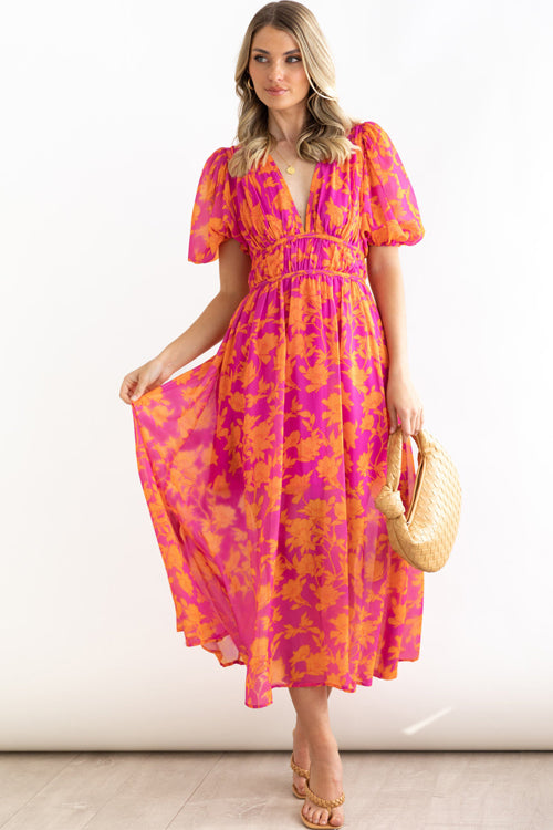 Real Love Print Puffärmel Maxi Kleid