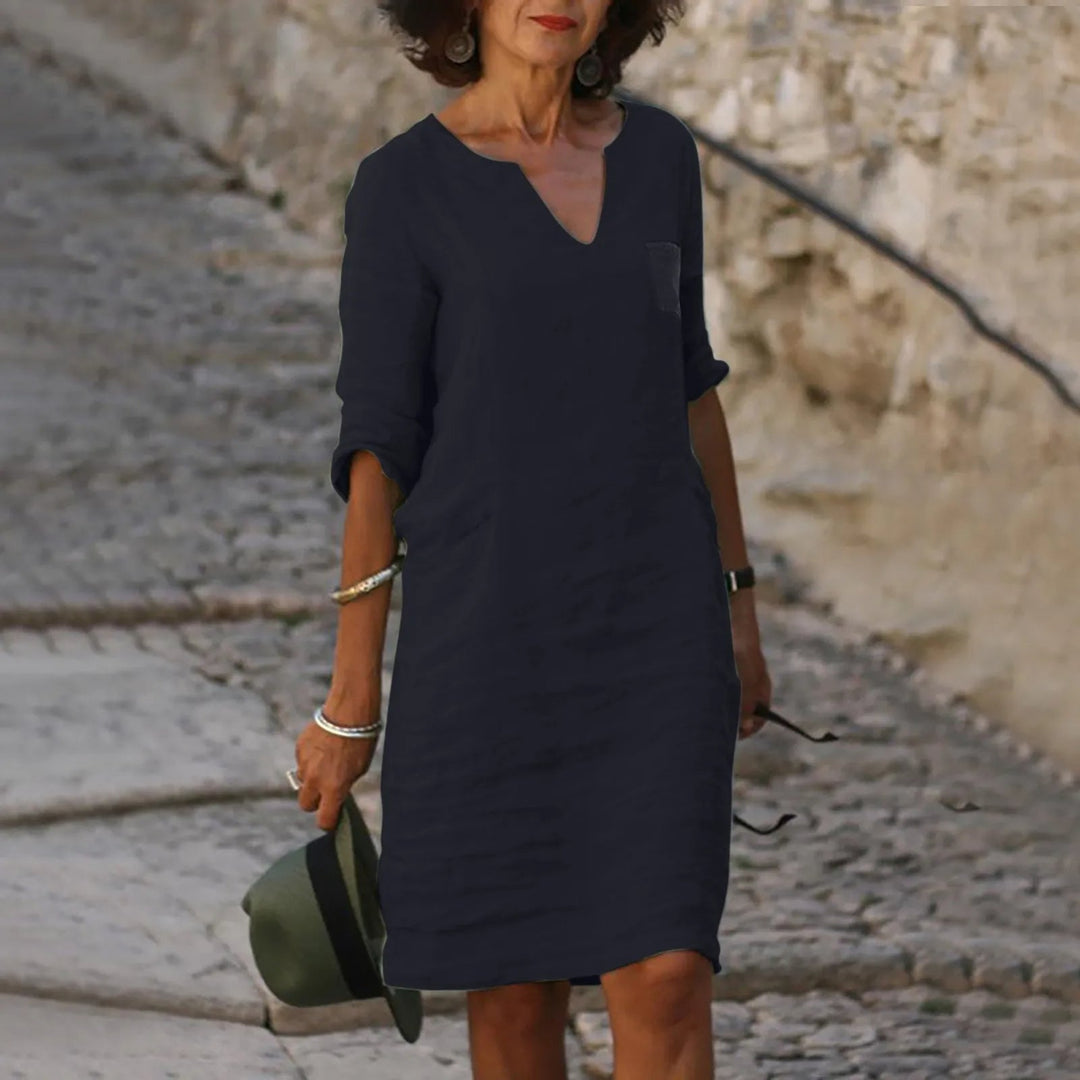 Rona Leinen Shiftkleid mit V-Ausschnitt und Taschen