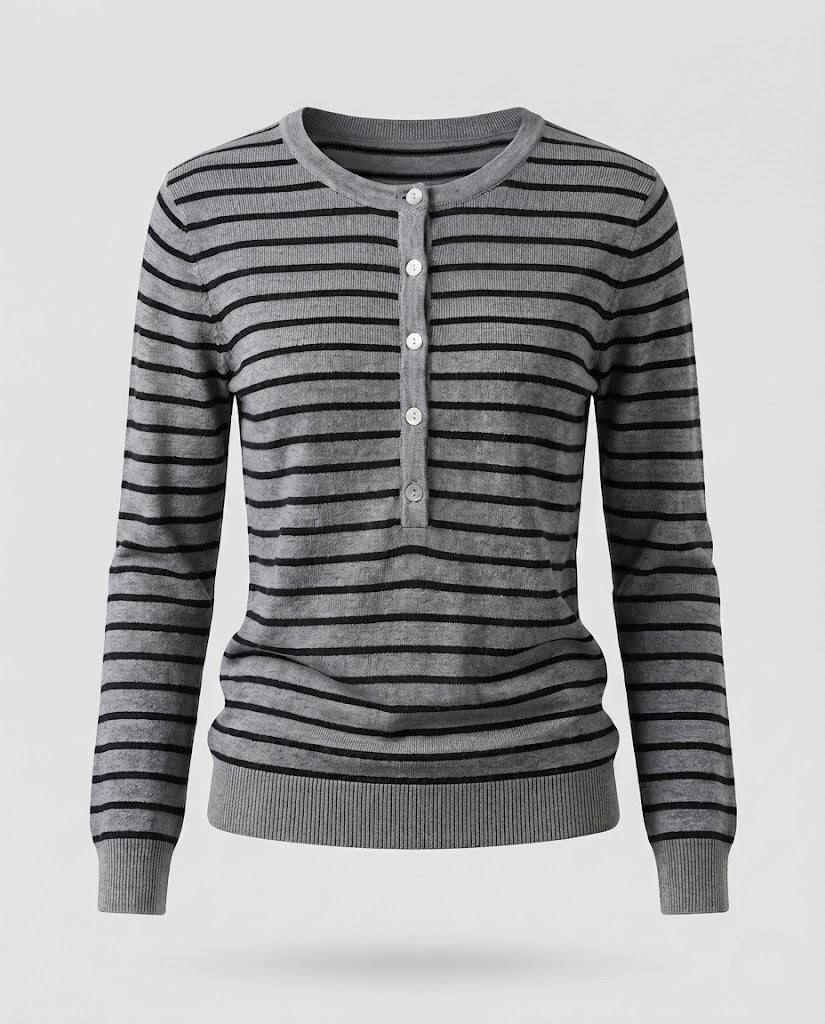 Damen Gestreifter Henley-Feinstrickpullover mit Knopfleiste Nord Taschen
