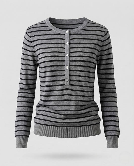Damen Gestreifter Henley-Feinstrickpullover mit Knopfleiste Nord Taschen