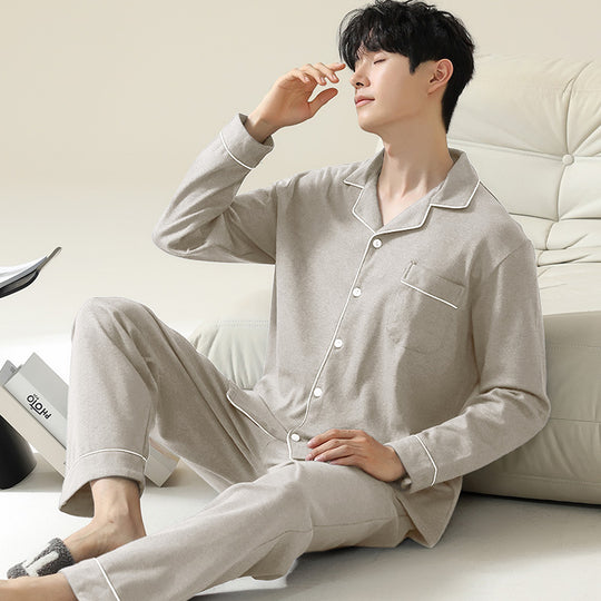 Herren-Pyjama-Set, Baumwolle, langärmelig, schlicht