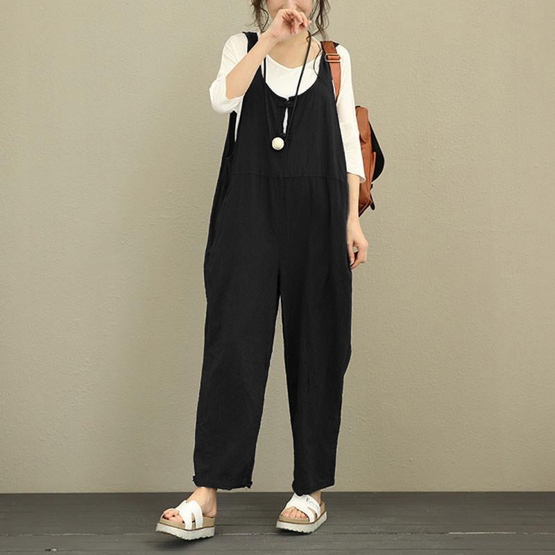 Damen Lässiger Harem-Overall aus Leinen mit verstellbaren Trägern und Seitentaschen Nord Taschen