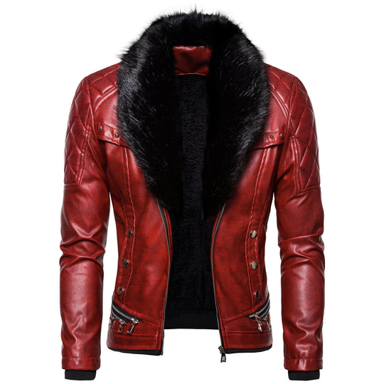 Herren Biker-Lederjacke im Vintage-Look mit gesteppter Schulter und breitem Kunstfellkragen Nord Taschen
