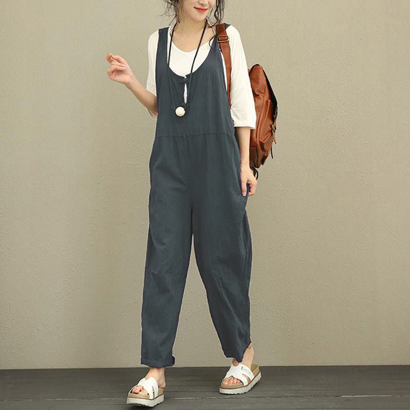 Damen Lässiger Harem-Overall aus Leinen mit verstellbaren Trägern und Seitentaschen Nord Taschen