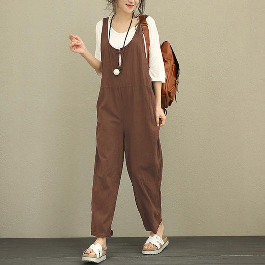 Damen Lässiger Harem-Overall aus Leinen mit verstellbaren Trägern und Seitentaschen Nord Taschen