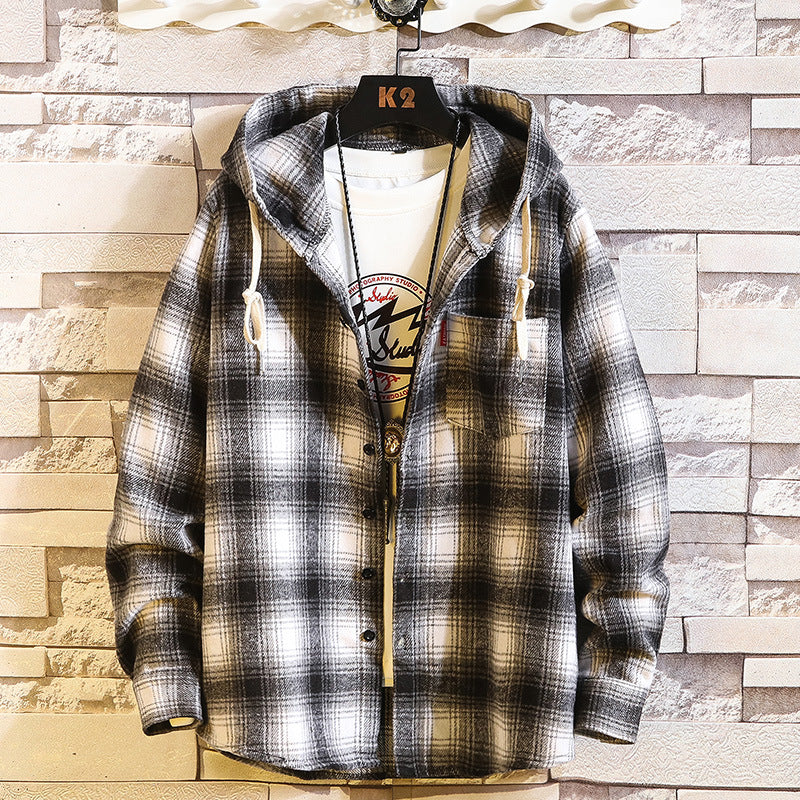 Herren Kariertes Overshirt-Hoodie aus Flanell mit Kapuze und Brusttasche Nord Taschen
