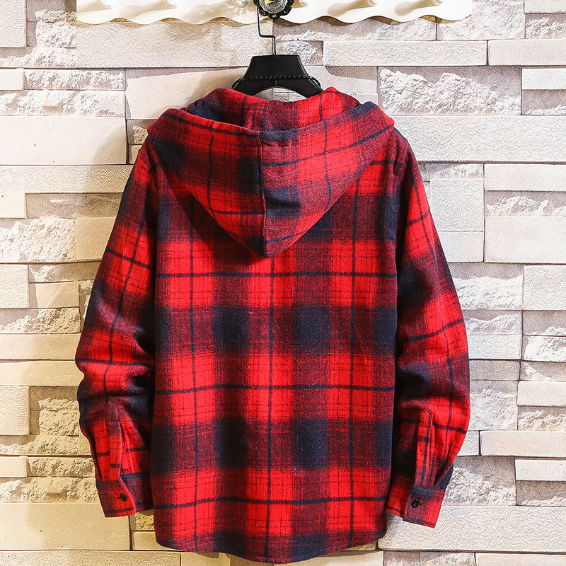 Herren Karo‑Flanell‑Hoodie‑Overshirt mit Kapuze, Brusttasche und Knopfleiste Nord Taschen