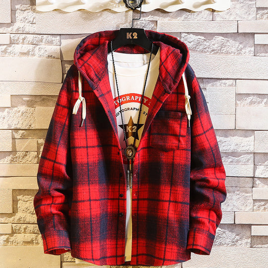 Herren Karo‑Flanell‑Hoodie‑Overshirt mit Kapuze, Brusttasche und Knopfleiste Nord Taschen
