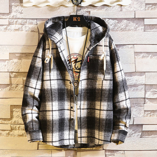 Herren Karo‑Flanell‑Hoodie‑Overshirt mit Kapuze, Brusttasche und Knopfleiste Nord Taschen