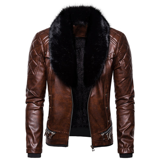 Herren Biker-Lederjacke im Vintage-Look mit gesteppter Schulter und breitem Kunstfellkragen Nord Taschen