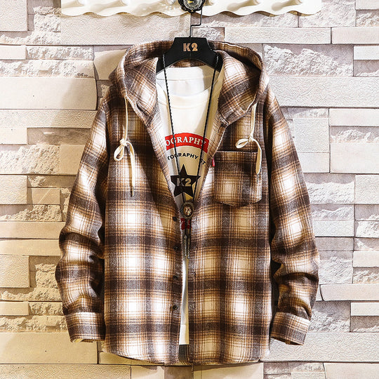 Herren Kariertes Overshirt-Hoodie aus Flanell mit Kapuze und Brusttasche Nord Taschen