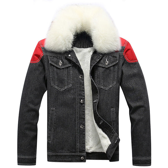 Herren Denim Worker-Jacke mit Kunstfellkragen, Teddy-Innenfutter und roten Schulterpatches Nord Taschen