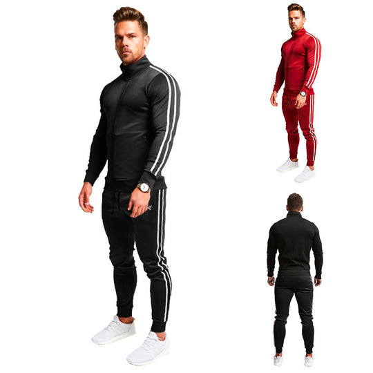Herren Athletischer Slim-Fit Trainingsanzug mit Stehkragen, Zip-Jacke und Jogger mit Seitenstreifen Nord Taschen