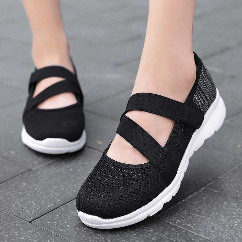 Damen nan atmungsaktive Strick-Ballerina mit verstellbarem Klettverschluss und dämpfender Laufsohle