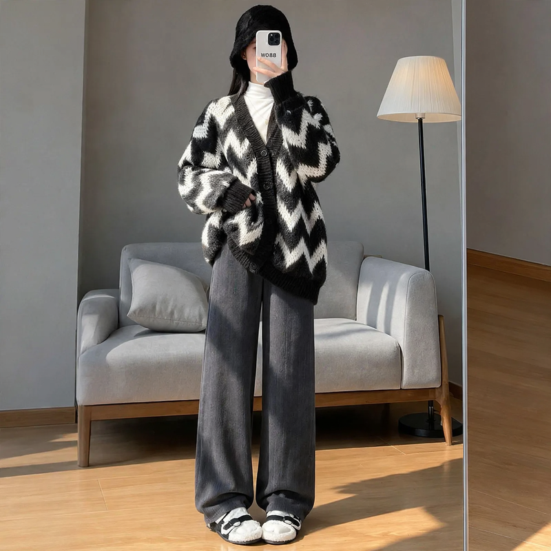 Gefütterte Chenille-Weithose für Damen, gerade geschnitten