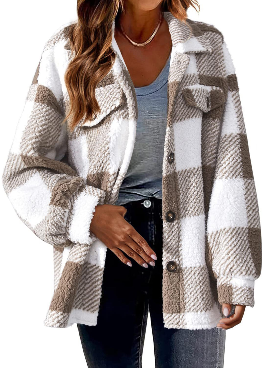 Karo-Jacke aus Lammfleece-Imitat mit Taschen