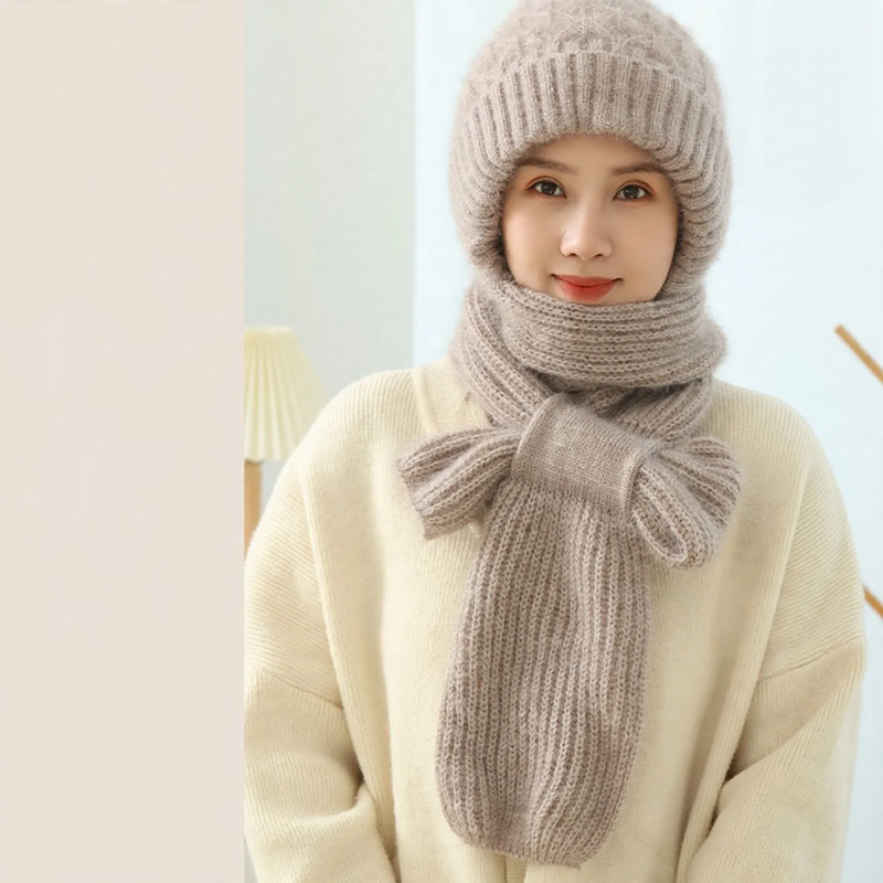 Gefütterte Strickmütze mit Schal für Damen
