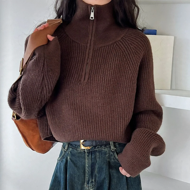 Kurzer Damen-Strickpullover mit Reißverschluss