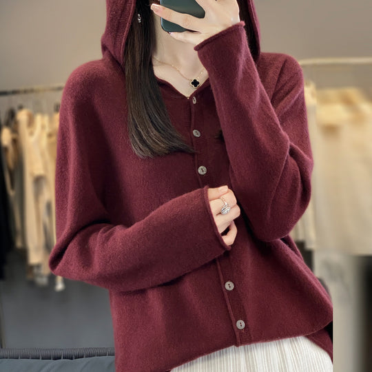 Damen-Strickjacke aus Merinowolle mit Kapuze
