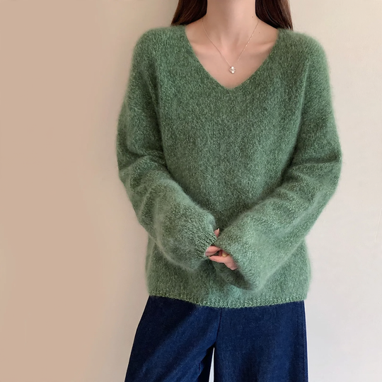 Damen V-Ausschnitt Pullover, Wolle-Kaschmir, gebürstet
