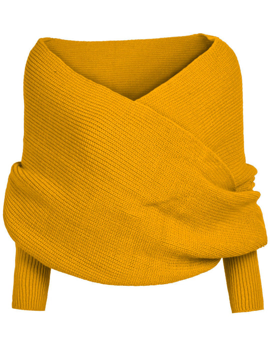 Damen Oversize Schulterfreier Wickelstrickpullover aus Rippstrick Drune