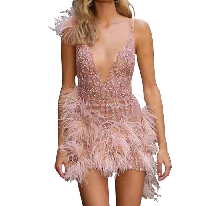 Damen Glamouröses Paillettenkleid mit Federapplikationen