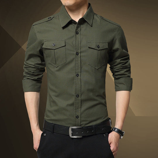 Herren Slim-Fit Baumwoll-Mix Utility-Hemd mit Schulterklappen und Brustpattentaschen Nord Taschen