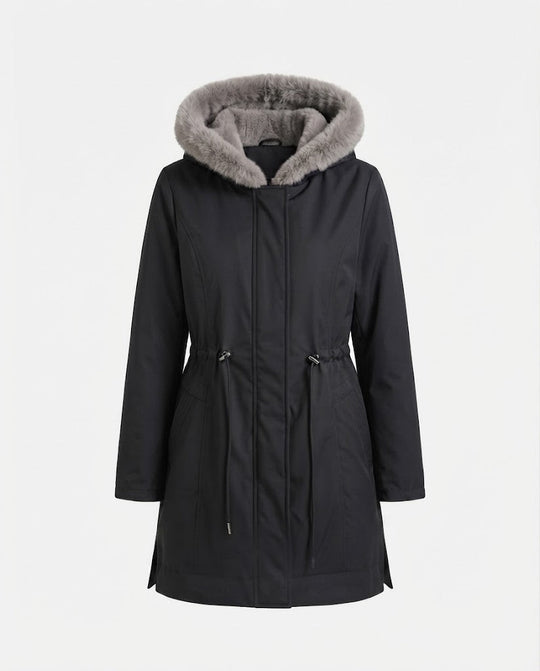 Damen knielange Thermoparkas mit abnehmbarem Teddyhood, Kordelzug in der Taille und verdeckter Frontklappe