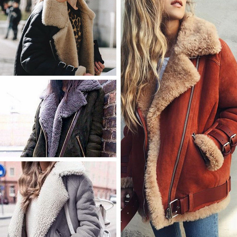 Damen Kurzjacke im Fliegerstil mit abgesetztem Fellkragen und verstellbaren Schnallen Nord Taschen
