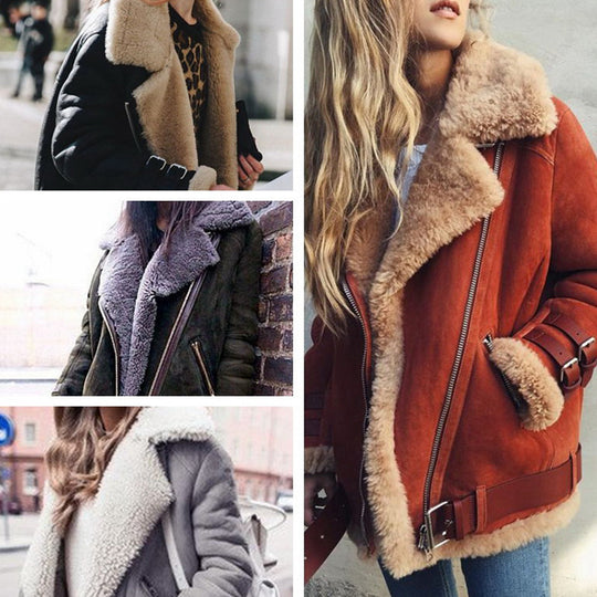 Damen Kurzjacke im Fliegerstil mit abgesetztem Fellkragen und verstellbaren Schnallen Nord Taschen