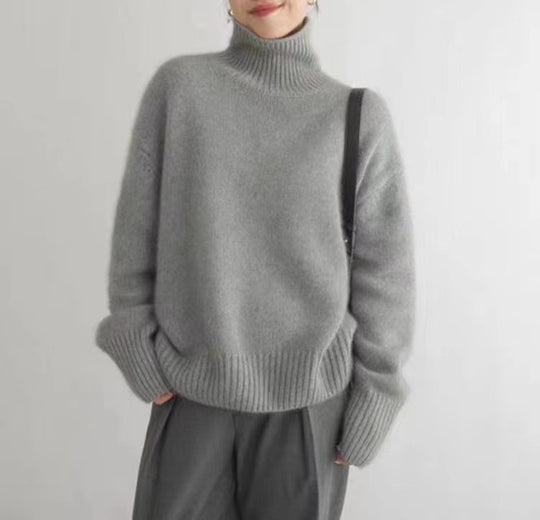 Damen-Wollpullover, hoher Kragen, lockere Passform