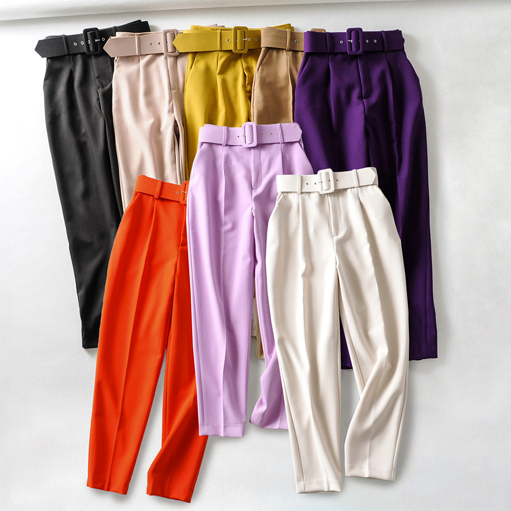Damen Hochtaillierte Tailored-Hose mit Bundfalten und Stoffgürtel Nord Taschen