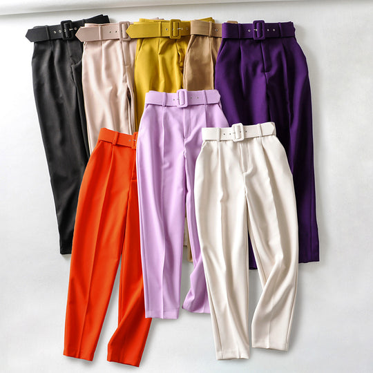 Damen Hochtaillierte Tailored-Hose mit Bundfalten und Stoffgürtel Nord Taschen