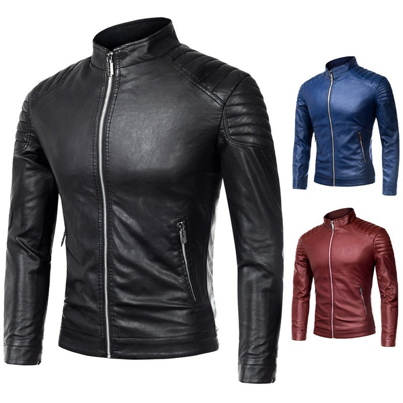 Herren Slim-Fit Kunstleder-Motorradblouson mit gesteppter Schulter und Stehkragen Nord Taschen