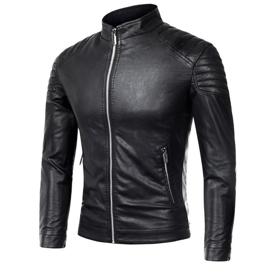 Herren Slim-Fit Kunstleder-Motorradblouson mit gesteppter Schulter und Stehkragen Nord Taschen