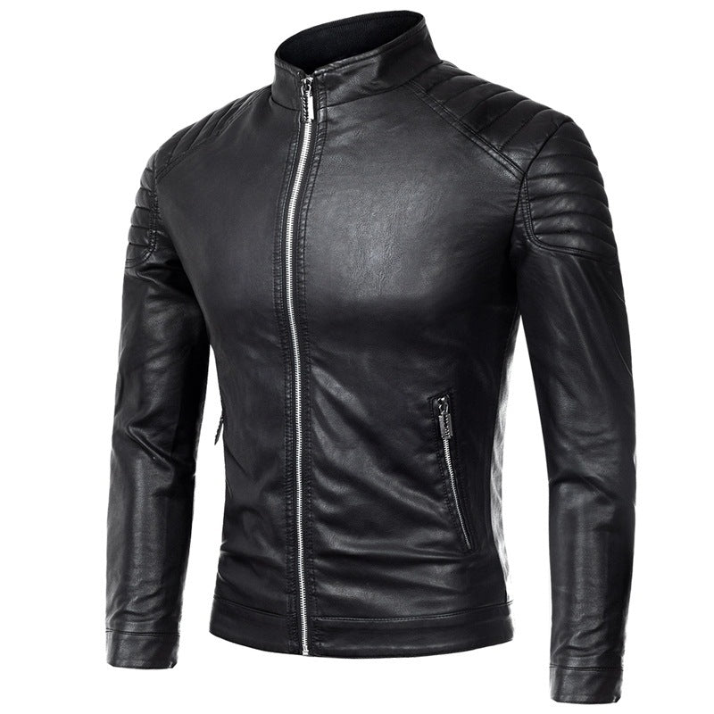 Herren Biker-Lederjacke im Slim-Fit mit Stehkragen und gesteppter Schulterpartie Nord Taschen