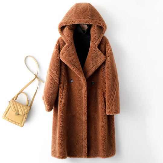 Damen-Teddy-Mantel mit Kapuze, mittellang