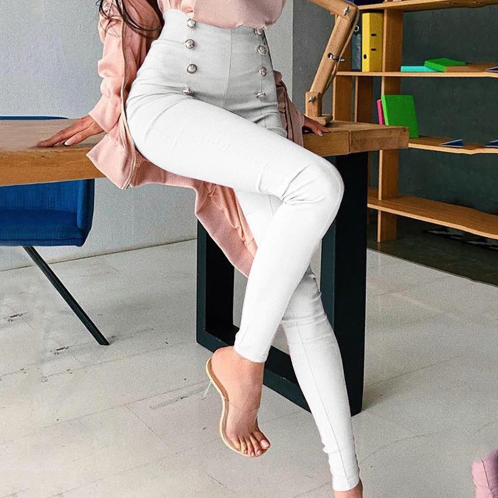 Damen figurschmeichelnde High-Waist Stretch-Skinnyhose mit dekorativen Zierknöpfen Nord Taschen