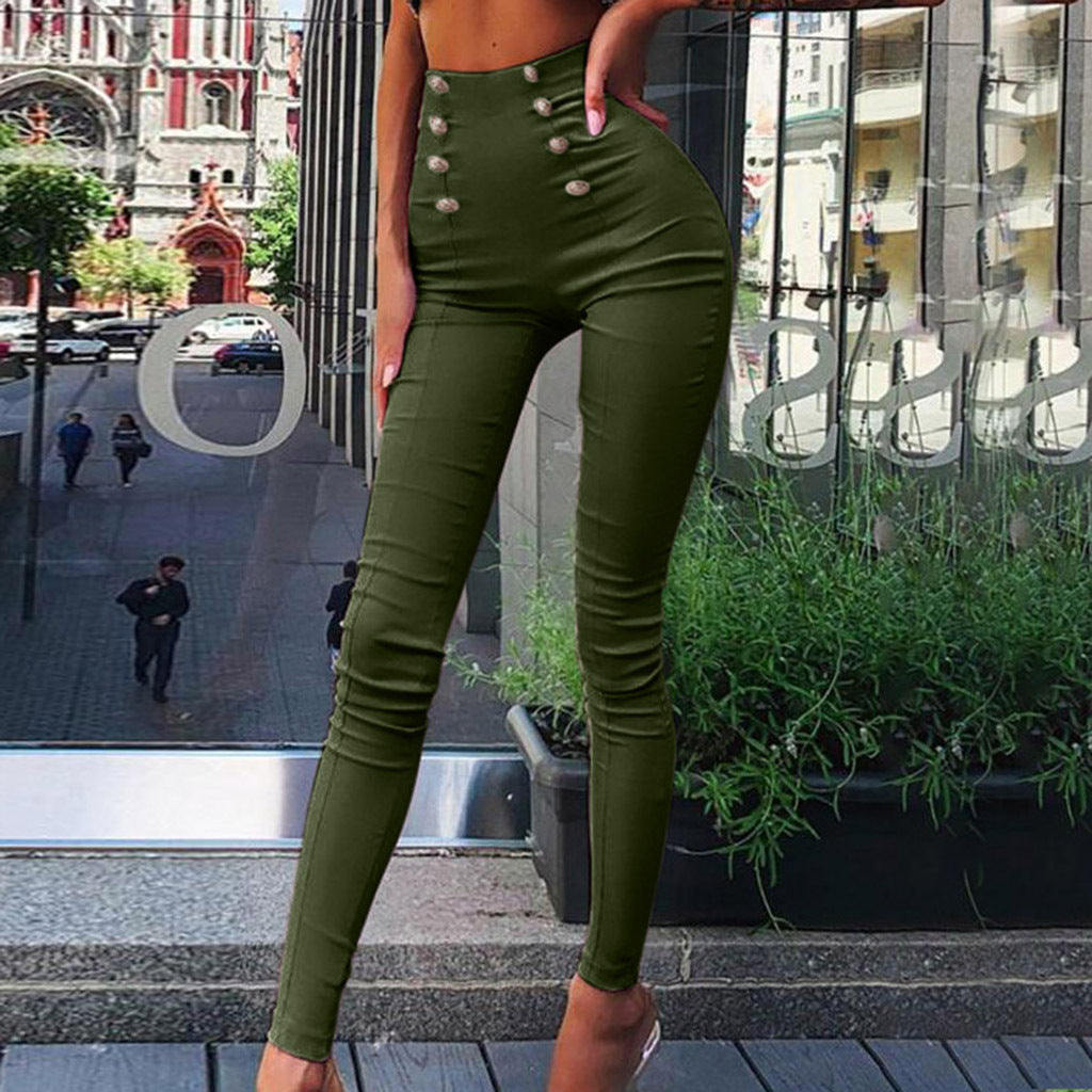 Damen figurschmeichelnde High-Waist Stretch-Skinnyhose mit dekorativen Zierknöpfen Nord Taschen