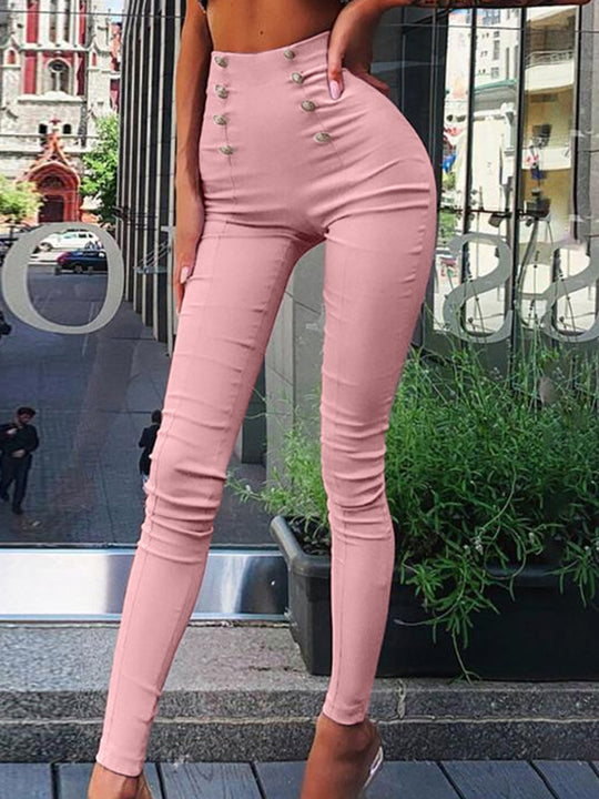 Damen figurschmeichelnde High-Waist Stretch-Skinnyhose mit dekorativen Zierknöpfen Nord Taschen