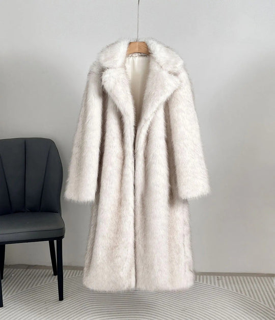 Langer Kunstfell-Mantel mit Revers für Damen