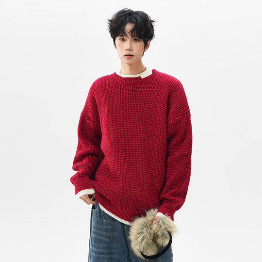 Herren-Strickpullover mit Henley-Ausschnitt, Rot
