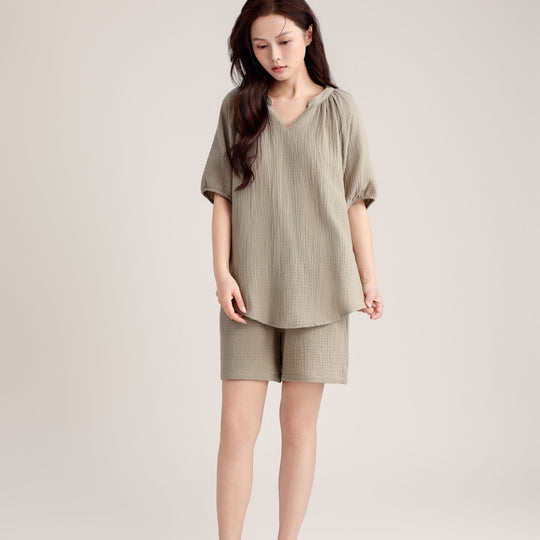 Damen-Pyjama-Set, Doppelschicht-Gaze, V-Ausschnitt
