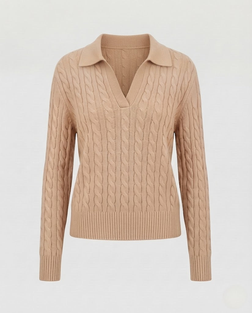 Damen Kabelstrick-Polo-Pullover mit V-Ausschnitt und weicher Feinstrick-Qualität Nord Taschen